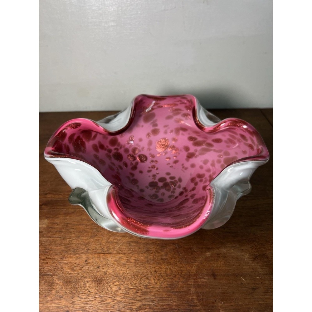 Vtg Murano Art Glass Bowl Sommerso Milk Glass Pink Cheetah Y2k Fashion Retro
